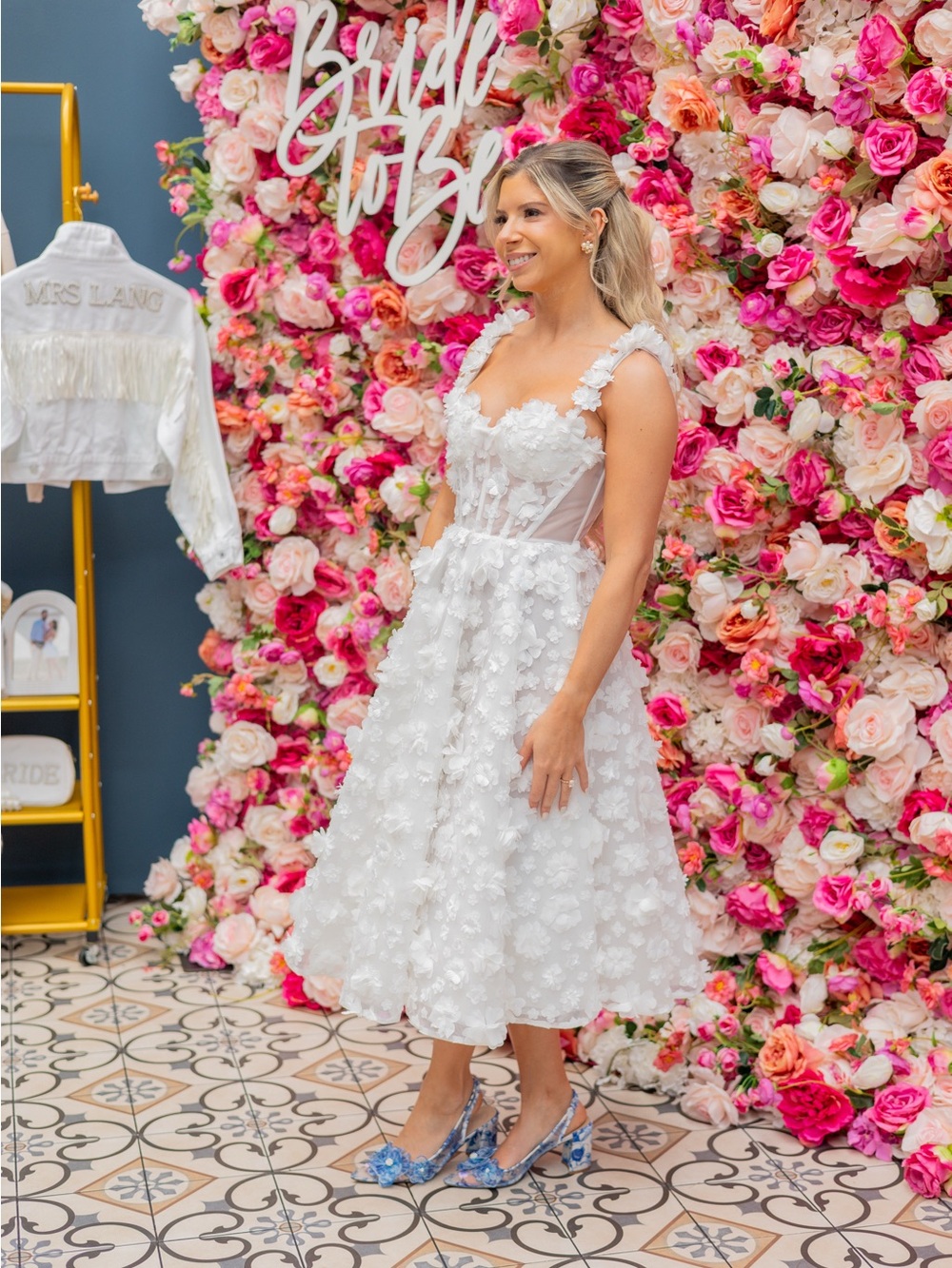 Rosie Etienne Peony- White Floral Appliqué Midi Dress - Romantic 3D Petal Design